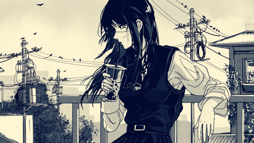 1girl, black_hair, bubble_tea, chainsaw_man, cross_scar, dress, fourth_east_high_school_uniform, greyscale