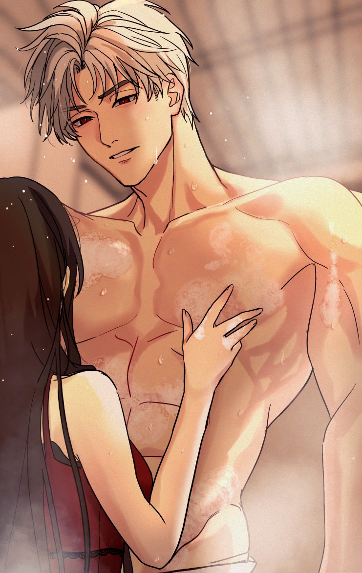 1boy, 1girl, abs, brown_hair, couple, dao_(daao_bf), dress, height_difference