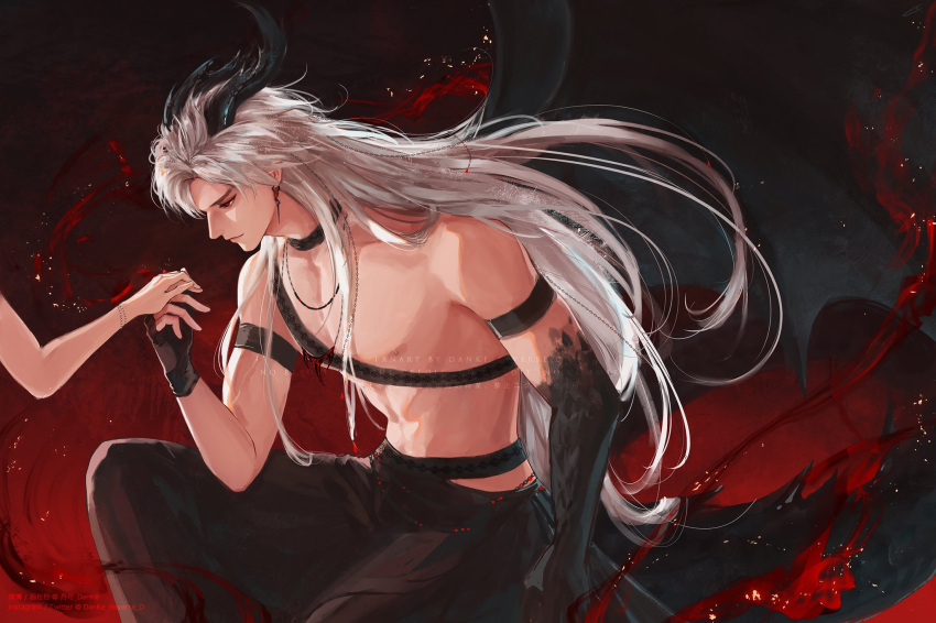 1boy, black_pants, bracelet, danke_reverse_d, dragon_boy, dragon_wings, earrings, fingerless_gloves, gloves, grey_hair, hand_grab, hetero, highres, jewelry, long_hair, love_and_deepspace, male_focus, out_of_frame, pants, protagonist_(love_and_deepspace), red_eyes, simple_background, single_glove, solo_focus, sylus_(love_and_deepspace), topless_male, wings