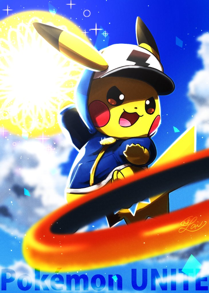 animal_ears, blue_sky, clouds, colored_skin, dot_nose, hat, lai_(pixiv1814979), open_mouth