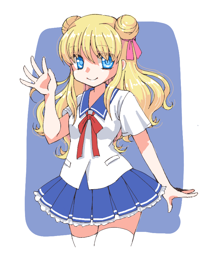 1girl, blonde_hair, blue_background, blue_sailor_collar, blue_skirt, breasts, claudina_skylark_(mousugu_natsuyasumi!_2), double_bun