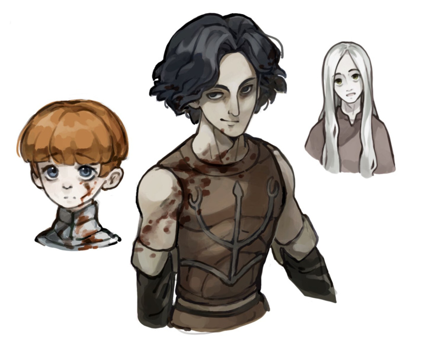 1girl, 2boys, armor, bare_shoulders, black_gloves, black_hair, blood, blood_on_clothes