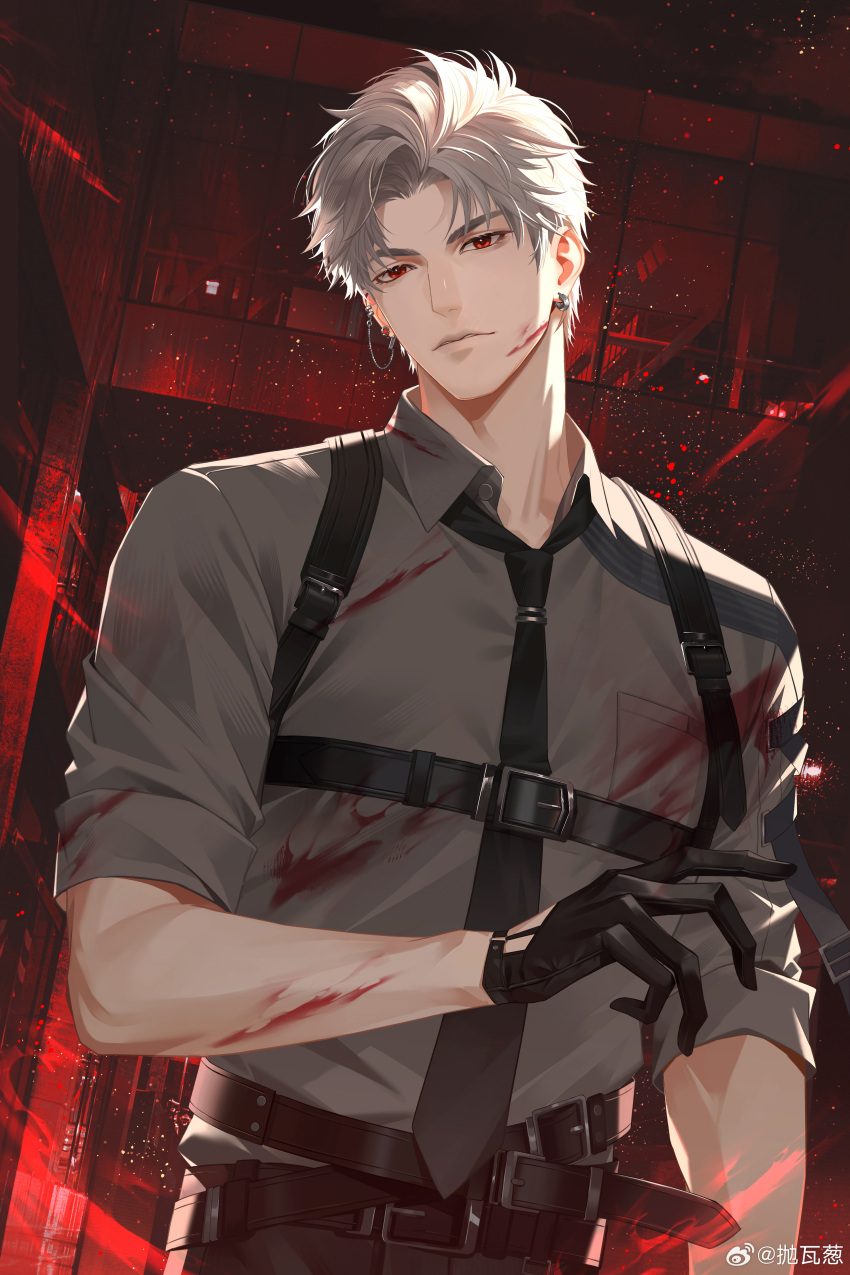 1boy, absurdres, belt, black_gloves, blood, blood_on_arm, blood_on_clothes, blood_on_face, earrings, gloves, grey_hair, grey_shirt, highres, jewelry, looking_at_viewer, love_and_deepspace, male_focus, mismatched_earrings, multiple_belts, pao_wa_cong, parted_lips, red_eyes, shirt, short_hair, sleeves_rolled_up, sylus_(love_and_deepspace), upper_body