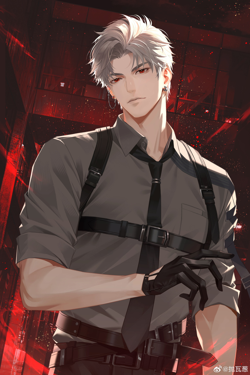 1boy, absurdres, belt, black_gloves, earrings, gloves, grey_hair, grey_shirt, highres, jewelry, looking_at_viewer, love_and_deepspace, male_focus, mismatched_earrings, multiple_belts, pao_wa_cong, parted_lips, red_eyes, shirt, short_hair, sleeves_rolled_up, sylus_(love_and_deepspace), upper_body