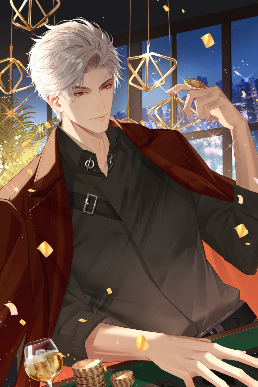1boy, absurdres, belt, black_belt, black_shirt, building, city, confetti, cup, drinking_glass, grey_hair, highres, holding_poker_chip, ice, indoors, jacket, jacket_on_shoulders, lips, long_sleeves, looking_at_viewer, love_and_deepspace, male_focus, night, pao_wa_cong, plant, poker_chip, red_eyes, red_jacket, shirt, short_hair, skyline, smile, solo, sylus_(love_and_deepspace), window, wine_glass