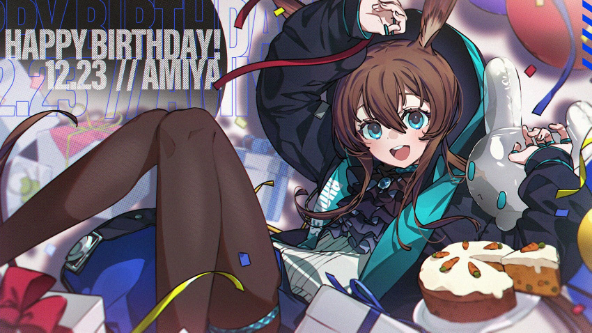 1girl, amiya_(arknights), animal_balloon, animal_ears, arknights, ascot, balloon, black_coat