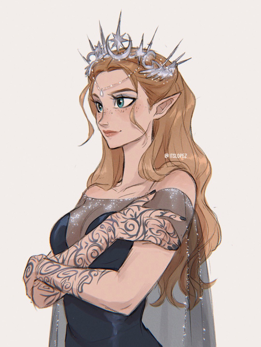 1girl, a_court_of_thorns_and_roses, arm_tattoo, black_nails, blonde_hair, blue_dress, blue_eyes, closed_mouth, crown, dress, feyre_archeron, freckles, half_updo, highres, itslopezz, pointy_ears, simple_background, smile, solo, tattoo, twitter_username, upper_body, white_background