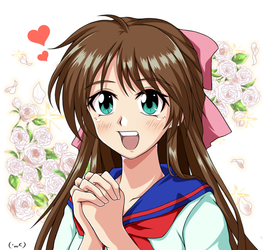 1girl, :d, ahoge, aqua_eyes, brown_hair, flower, hair_ribbon, heart