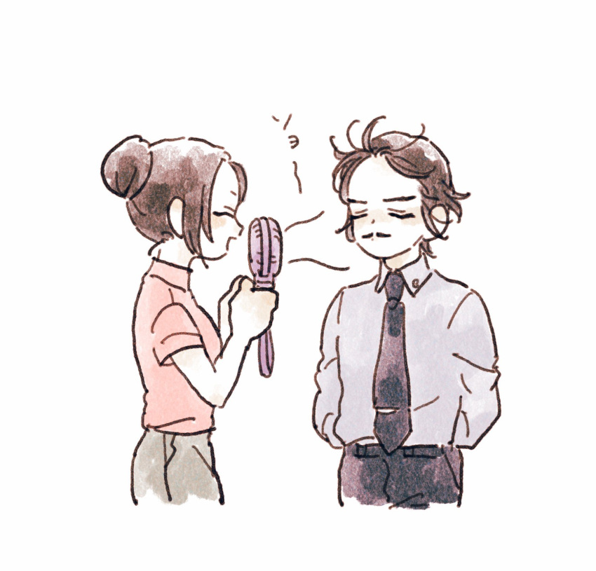 1boy, 1girl, ^_^, arms_behind_back, brown_hair, closed_eyes, collared_shirt, cowboy_shot, facial_hair, hair_bun, hand_fan, highres, holding, holding_fan, meitantei_conan, morofushi_takaaki, mustache, nanteiiyoru, necktie, pink_shirt, shirt, sidelocks, simple_background, turtleneck, uehara_yui, white_background