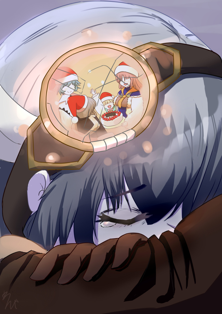 4girls, absurdres, astellar_of_the_white_forest, blonde_hair, brown_hair, cake, closed_eyes, crying, diabellstar_the_black_witch, diabellze_the_original_sinkeeper, duel_monster, elzette_of_the_white_forest, food, goggles, goggles_on_head, green_hair, grey_hair, hat, highres, holding, holding_cake, holding_food, like_the_diabell, multiple_girls, no_eyes, rucia_of_the_white_forest, santa_hat, silvy_of_the_white_forest, snow, strawberry_shortcake, yu-gi-oh!