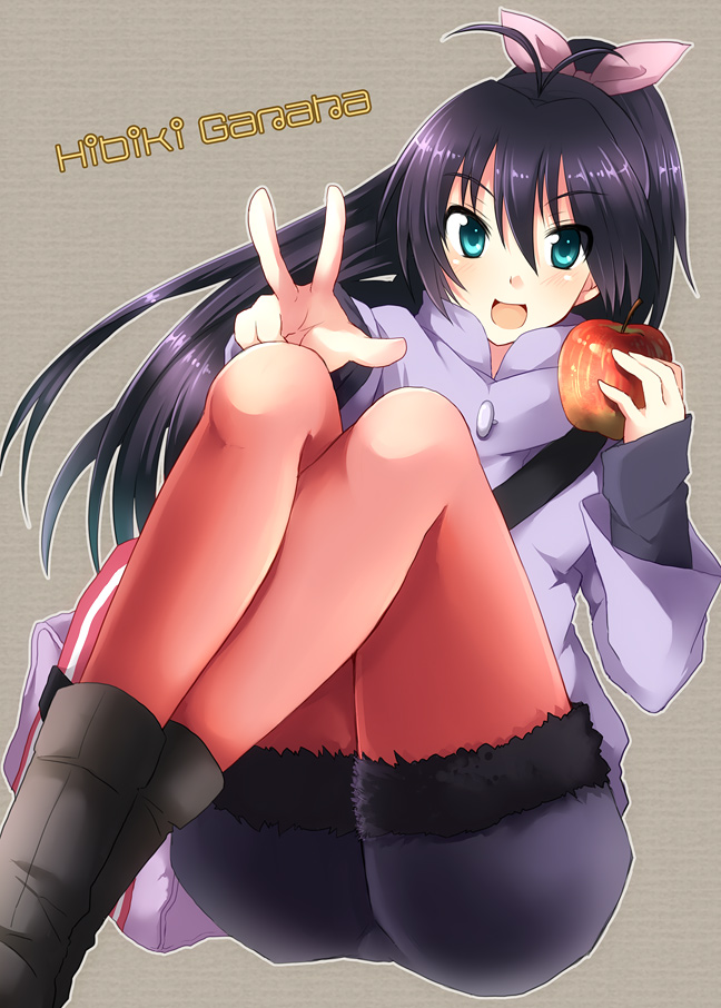 black_hair, food, fruit, ganaha_hibiki, green_eyes, holding, holding_apple, holding_fruit