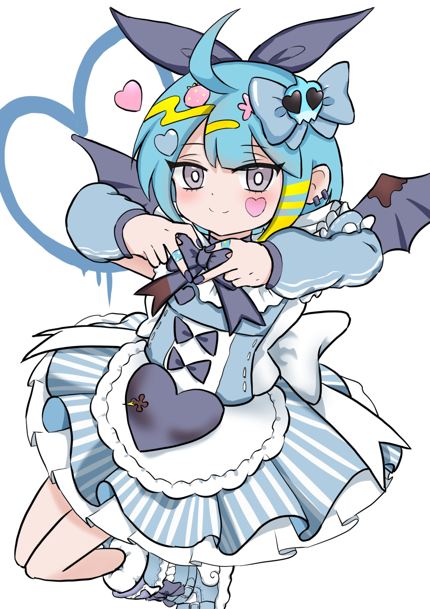 1girl, absurdres, ahoge, blue_dress, blue_eyes, demon_girl, demon_wings, dress