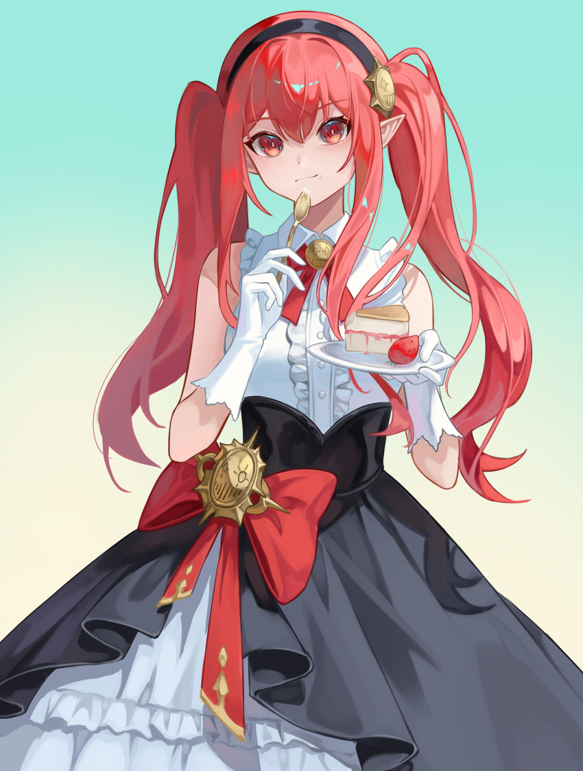 1girl, absurdres, alternate_costume, bare_shoulders, breasts, cake, center_frills, closed_mouth