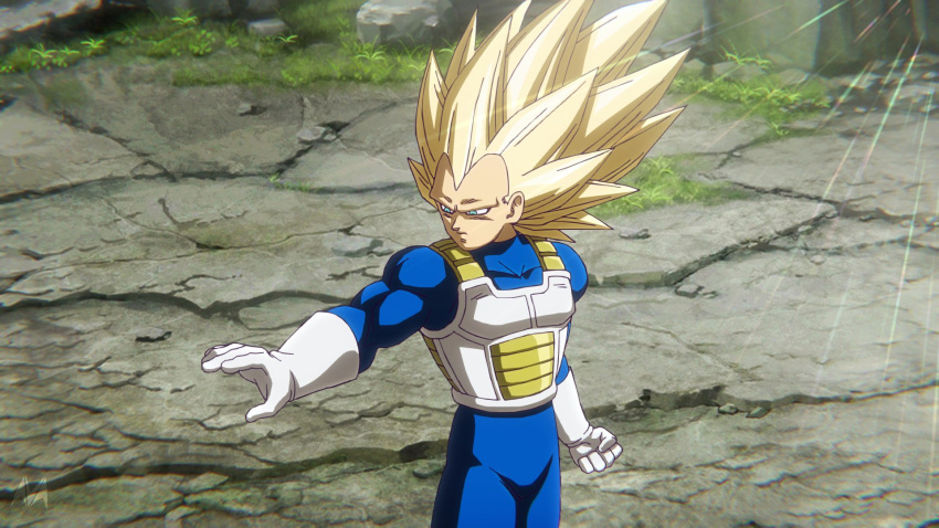 1boy, blonde_hair, blue_bodysuit, bodysuit, cowboy_shot, dragon_ball, dragon_ball_daima, gloves