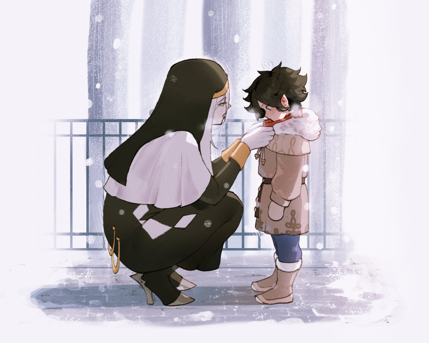 1boy, 1girl, adjusting_another's_clothes, black_hair, bloodlight_(nyantcha), copyright_request, height_difference, high_heels, highres, lazarus_(nyantcha), mother_and_son, nun, nyantcha, pale_skin, pointy_ears, sister_almonde_(nyantcha), snow, snowing, squatting, winter_clothes