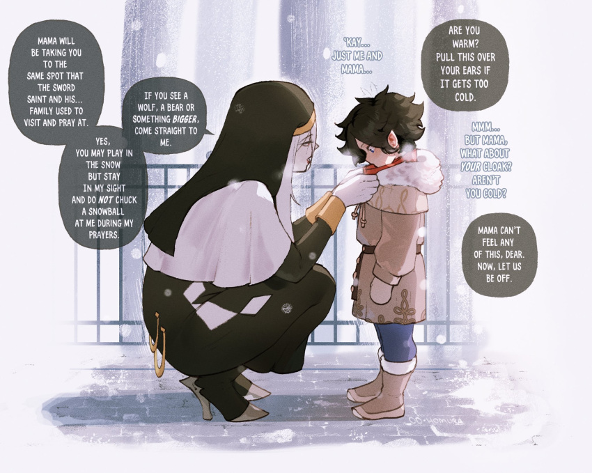 1boy, 1girl, adjusting_another's_clothes, black_hair, bloodlight_(nyantcha), height_difference, high_heels, highres, lazarus_(nyantcha), mother_and_son, nun, nyantcha, pale_skin, pointy_ears, sister_almonde_(nyantcha), snow, snowing, speech_bubble, squatting, winter_clothes