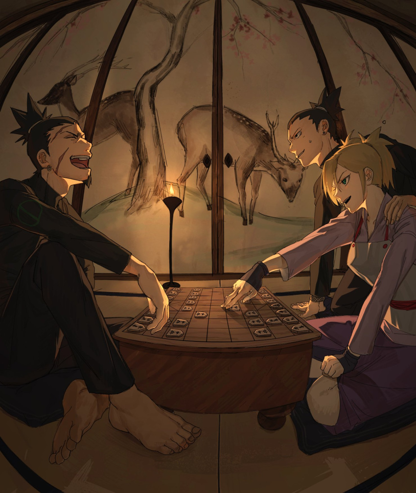 1girl, 2boys, arm_rest, barefoot, black_gloves, black_hair, black_pants, black_shirt