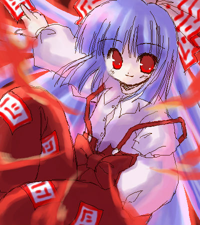 1girl, 2000s_(style), archived_source, between_fingers, blue_hair, closed_mouth, fire, fujimiya_misuzu