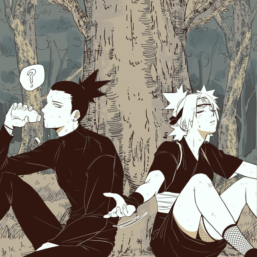 1boy, 1girl, ?, arm_rest, arm_up, bottle, closed_eyes, couple