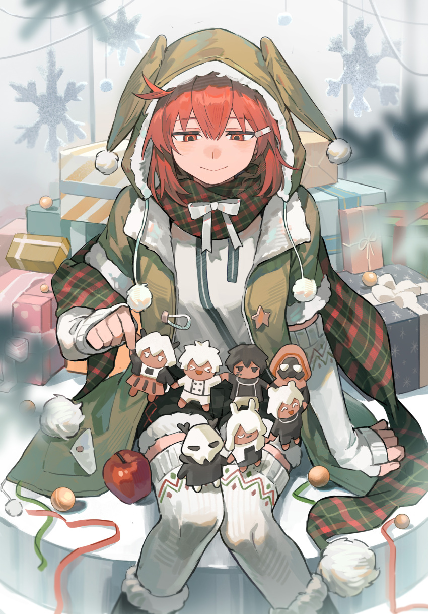 1girl, absurdres, apple, arknights, arm_support, black_shorts, bow, box