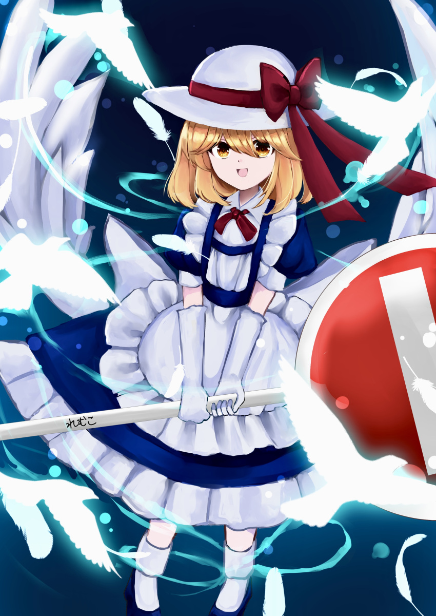 1girl, :d, absurdres, apron, back_bow, bird, blonde_hair, blue_background