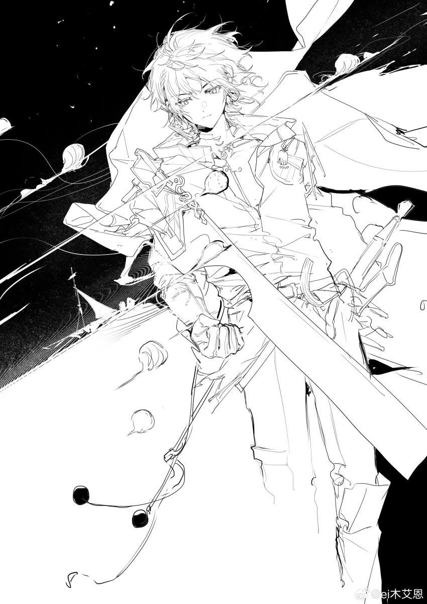 1boy, absurdres, arknights, artist_name, black_background, chinese_commentary, clenched_hand, closed_mouth