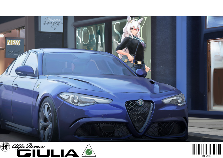 1girl, absurdres, alfa_romeo, alfa_romeo_giulia, alternate_costume, animal_ears, artist_name, bag