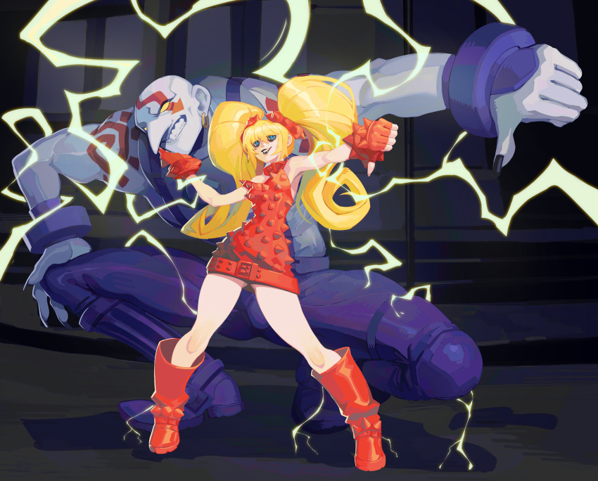 1boy, 1girl, absurdres, bald, black_nails, blonde_hair, blue_eyes, boots