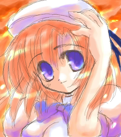 1girl, 2000s_(style), archived_source, beret, blue_bow, blue_bowtie, blue_eyes, bow