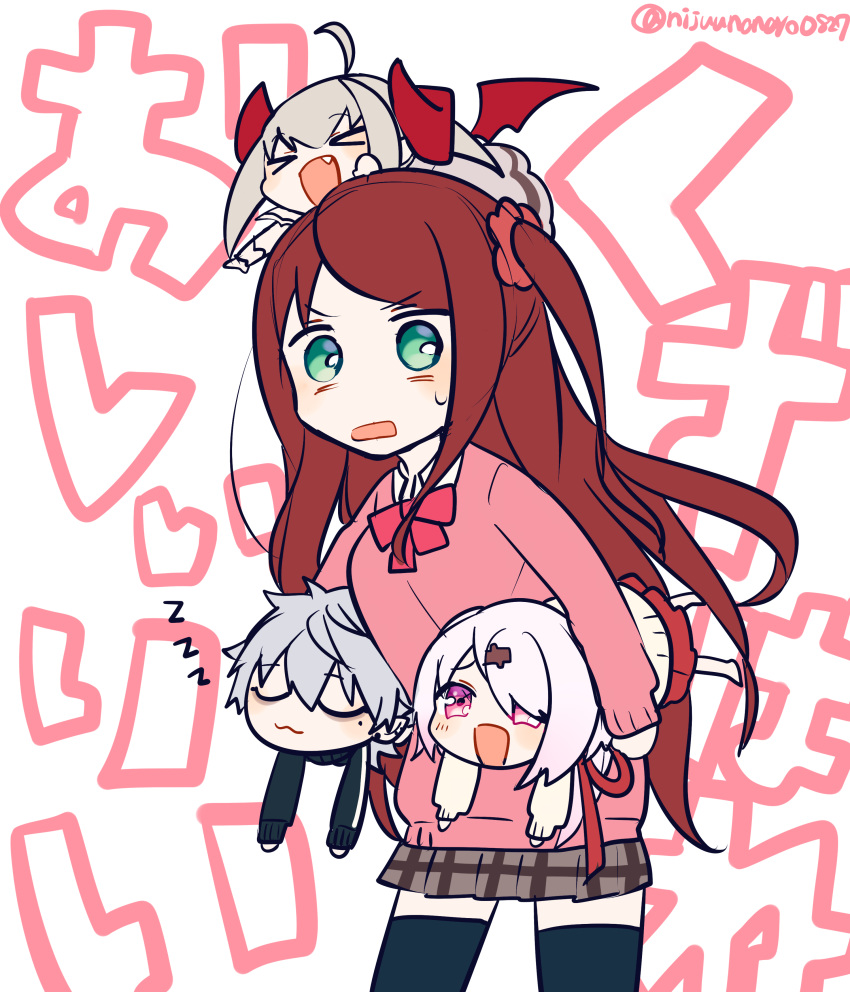 >_<, 1boy, 3girls, :d, absurdres, ahoge, akabane_youko, akabane_youko_(1st_costume)