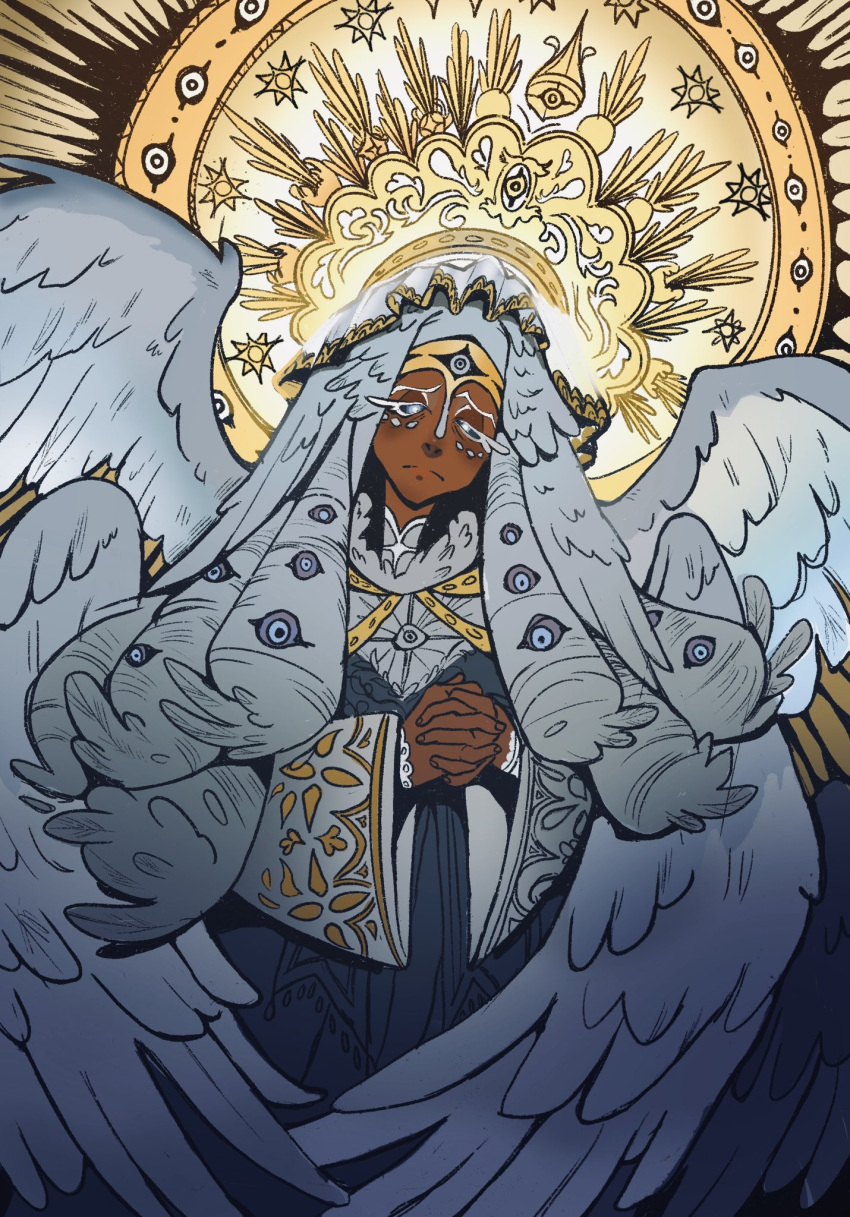 1girl, angel, angel_wings, ballz4lyfe11, biblically_accurate_angel, black_sclera, blue_dress, blue_eyes