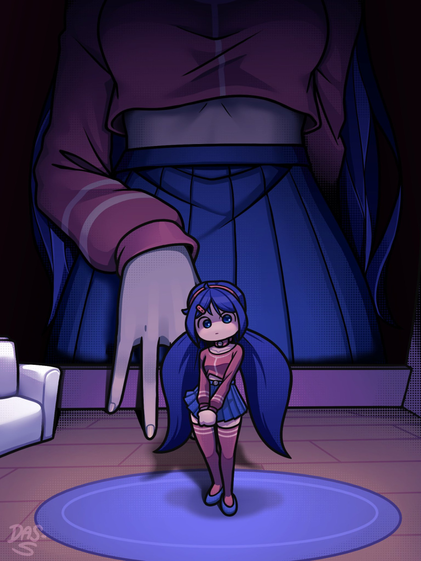 blue_skirt, carpet, chibi, choker, couch, dass527, hairband, highres, midriff_peek, mini_person, minigirl, miside, mita_(miside), red_choker, red_hairband, red_sweater, red_thighhighs, skirt, sweater, thigh-highs, tiny_mita_(miside), twintails