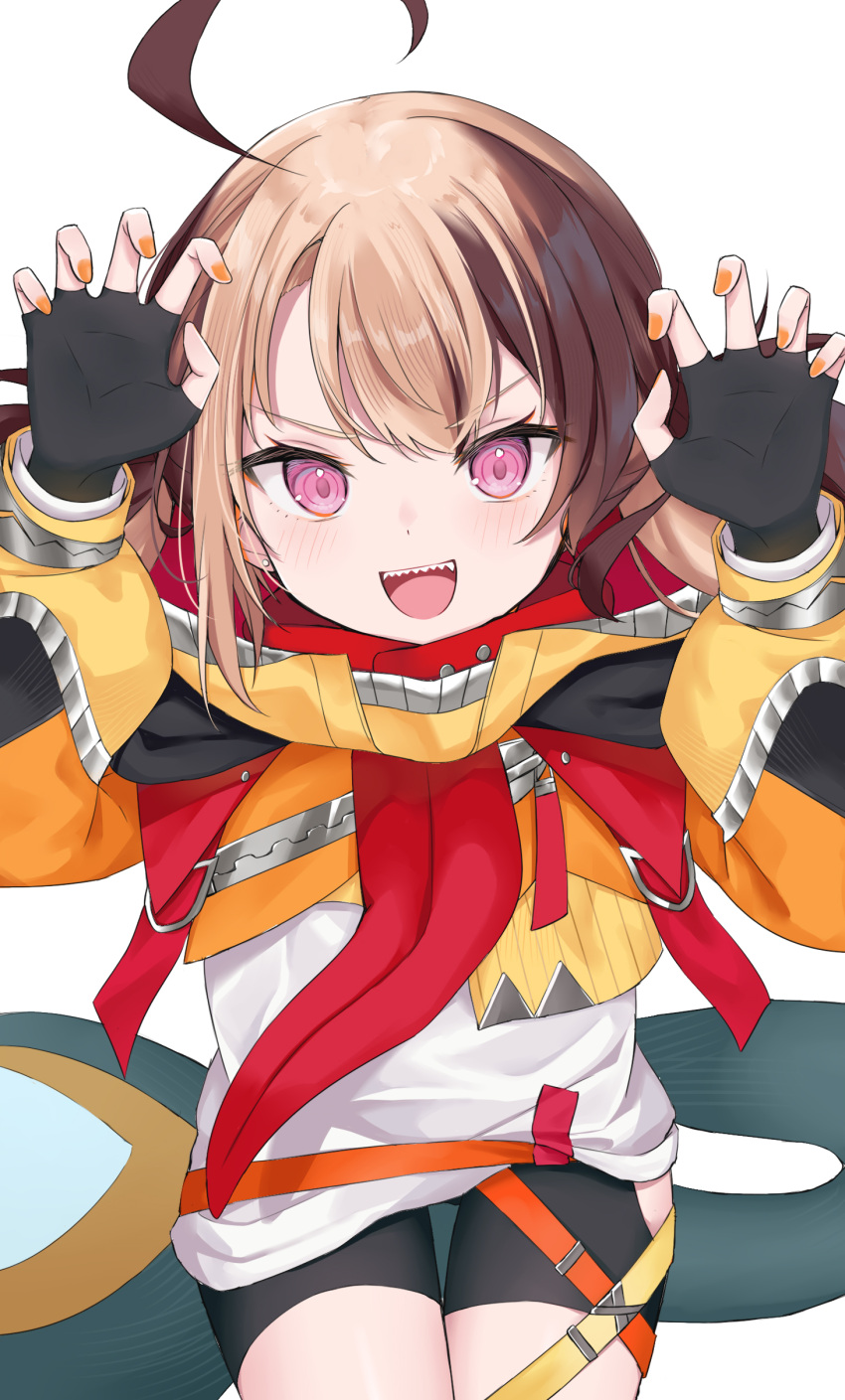 1girl, absurdres, ahoge, belt, black_gloves, black_shorts, brown_hair, claw_pose