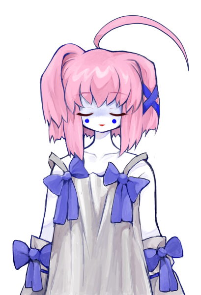 1girl, bob_cut, bow, closed_eyes, colored_skin, dress, hair_ornament, heartlovepowertemple