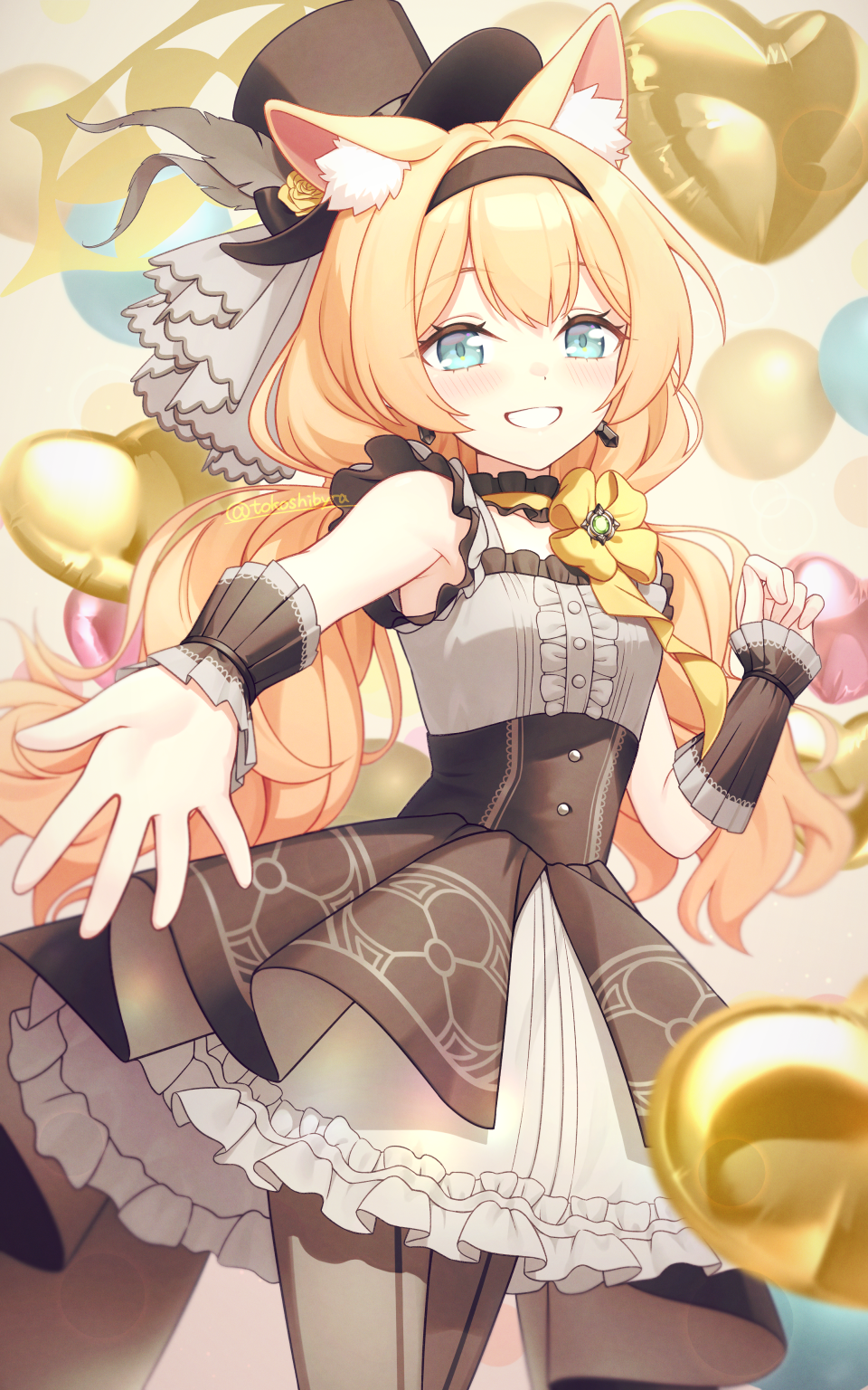 1girl, animal_ear_fluff, animal_ears, balloon, black_hairband, black_hat, black_pantyhose, black_skirt