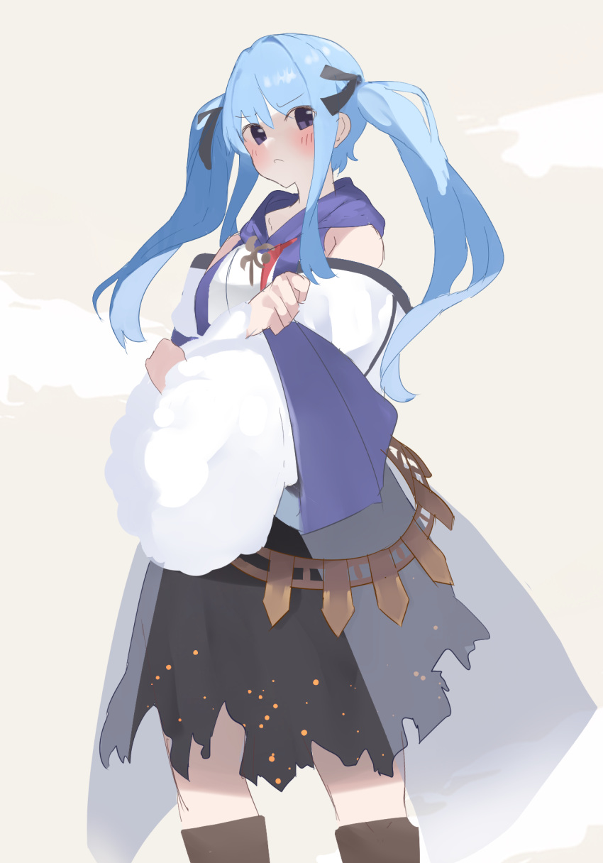 1girl, black_skirt, blue_hair, blush, closed_mouth, clothing_cutout, commentary_request, crossed_arms