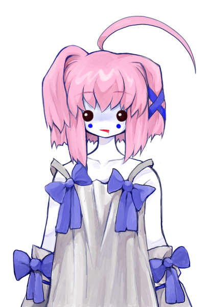 ahoge, bob_cut, bow, colored_skin, dress, drooling, hair_ornament, heartlovepowertemple