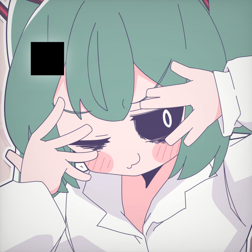 1girl, ;3, \\//, album_cover, black_sclera, brown_background, collared_shirt, colored_sclera, cover, double-parted_bangs, green_hair, hair_ornament, hands_up, hatsune_miku, highres, long_sleeves, looking_at_viewer, mesugaki, mimukauwa_nice_try_(vocaloid), n_u, official_art, one_eye_closed, outline, portrait, shirt, smile, smug, solo, v, v_over_eye, vocaloid, watermark, white_outline, white_shirt