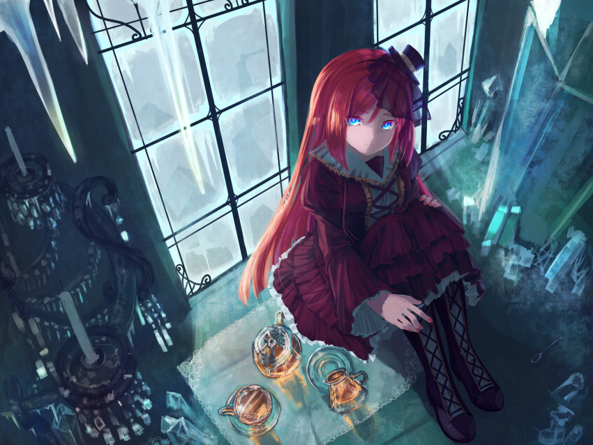 1boy, black_dress, black_footwear, blue_eyes, boots, chandelier, closed_mouth, cup, dress, frilled_dress, frills, from_above, glass_plate, hat, icicle, long_hair, looking_at_viewer, mini_hat, mini_top_hat, namine_ritsu, otoko_no_ko, piano_print, plate, red_nails, redhead, sitting, smile, solo, teacup, teapot, top_hat, umu_(pixiv2396283), utau, window