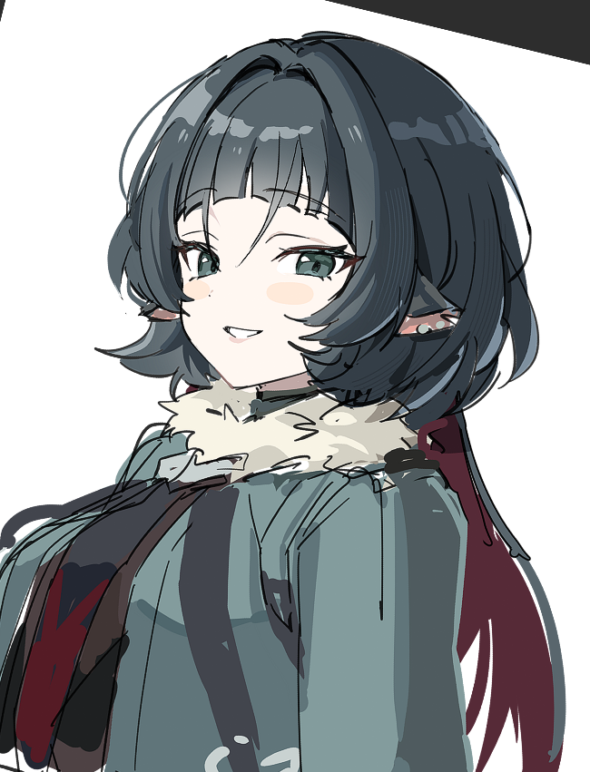 1girl, animal_ears, black_eyes, black_hair, blunt_bangs, blush, commentary, eyelashes