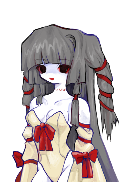 blunt_bangs, bow, colored_sclera, colored_skin, detached_sleeves, grey_hair, heartlovepowertemple, iroja, leotard, non-web_source, open_mouth, rabbitmaidensoftworks, red_sclera, smile, transparent_background, variant_set, white_skin, yogurt200