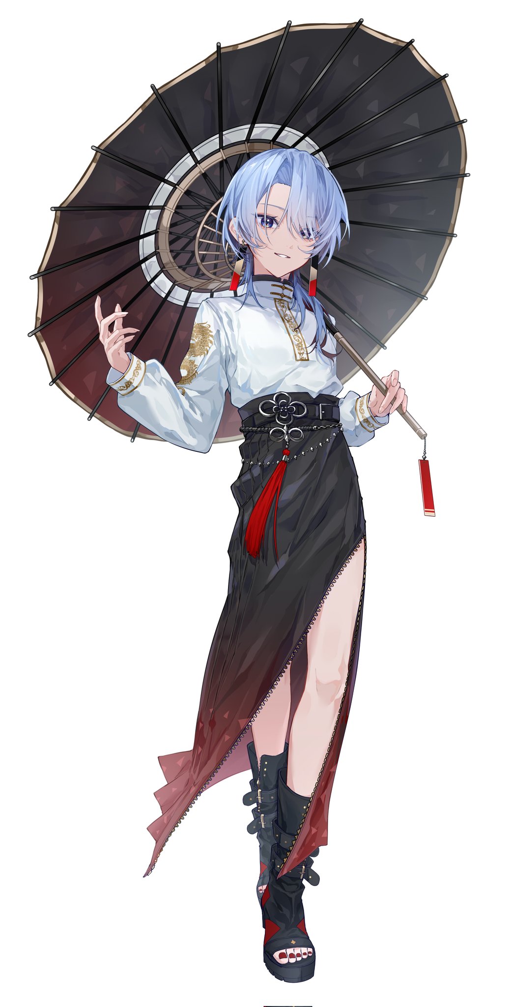 1girl, asymmetrical_bangs, belt, black_skirt, blue_eyes, blue_hair, dragon_print, earrings, flat_chest, foot_belt, full_body, gradient_clothes, gradient_skirt, hanafuda_earrings, high-waist_skirt, high_belt, high_collar, highres, holding, holding_umbrella, hololive, hoshimachi_suisei, hoshimachi_suisei_(oriental_suit), jewelry, long_skirt, long_sleeves, looking_at_viewer, mafia, mirai99, official_alternate_costume, official_alternate_hairstyle, ofuda_earrings, oil-paper_umbrella, platform_footwear, shirt, shirt_tucked_in, side_slit, simple_background, skirt, smile, solo, toeless_footwear, umbrella, virtual_youtuber, waist_tassel, white_background, white_shirt, wolf_cut
