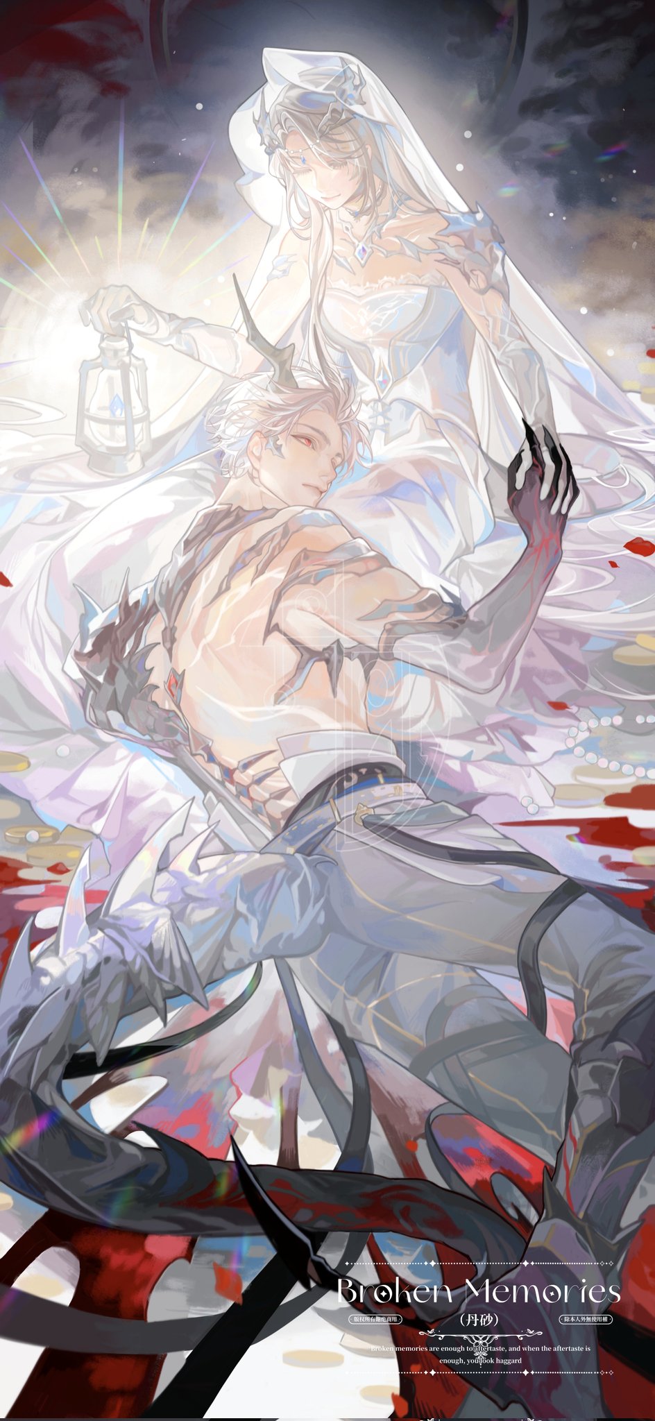 1boy, 1girl, back, circlet, closed_eyes, dansha_(dansha12345), dragon_boy, dragon_tail