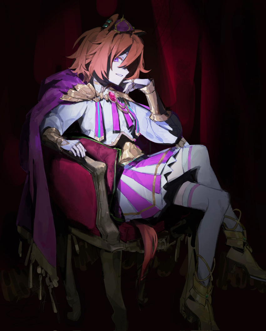 animal_ears, breasts, chair, cloak, crossed_legs, crown, fingerless_gloves, gloves, highres, horse_ears, horse_girl, horse_tail, long_sleeves, looking_at_viewer, mini_crown, open_mouth, orange_hair, purple_cloak, purple_skirt, racing_colors, red_background, shirt, short_hair, sitting, skirt, small_breasts, smile, t.m._opera_o_(umamusume), tail, teeth, thigh-highs, two-tone_skirt, umamusume, violet_eyes, white_shirt, white_skirt, white_thighhighs, yellow_footwear, zizzu