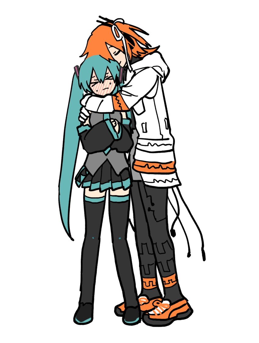 >_<, 2girls, a.i._voice, adachi_rei, aqua_hair, black_footwear, black_pantyhose, black_skirt