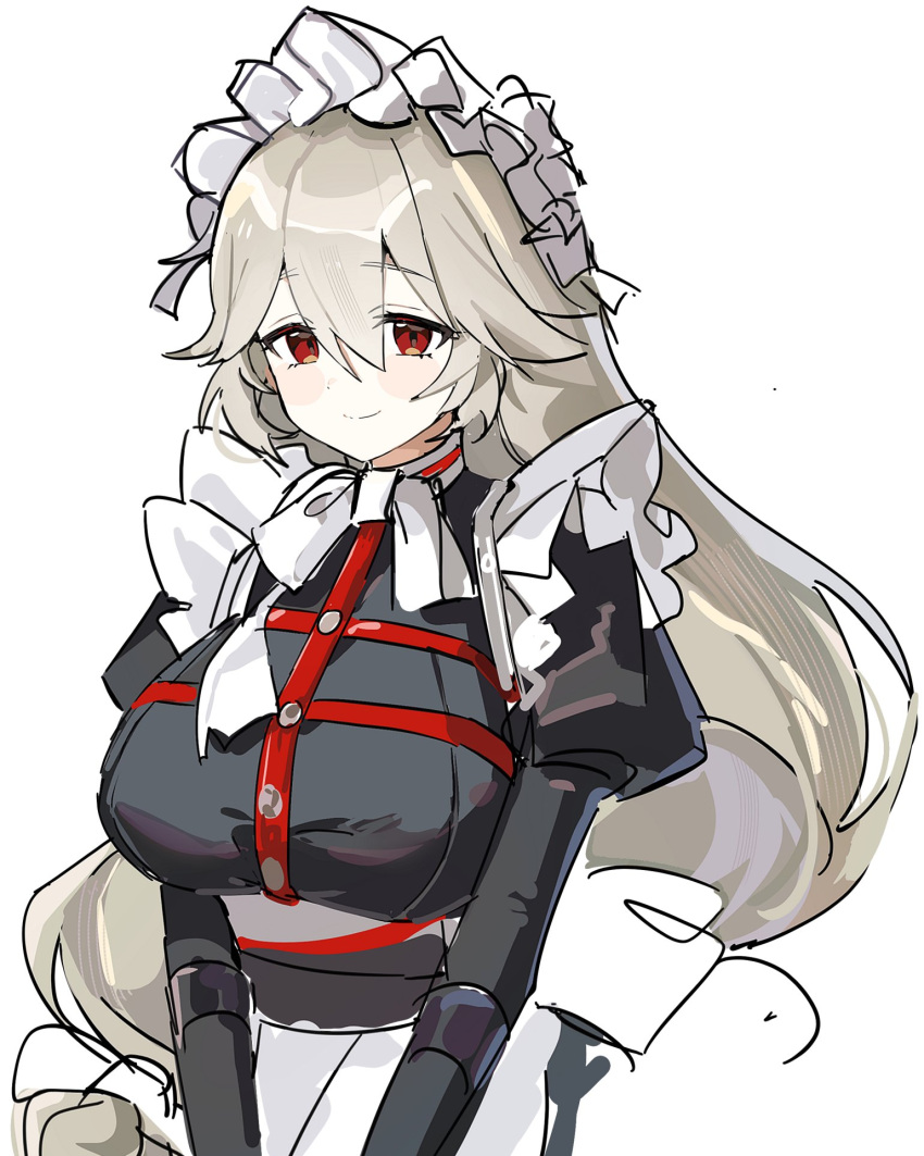 1girl, alexandrina_sebastiane, apron, black_dress, blush, breasts, dress, frilled_apron