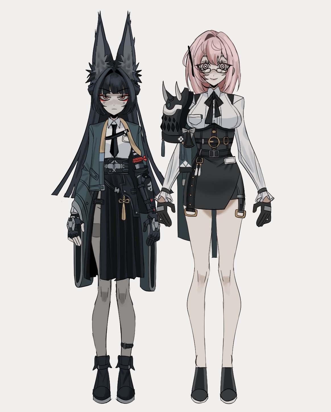 2girls, animal_ear_fluff, animal_ears, armor, black_footwear, black_hair, black_necktie, black_pantyhose