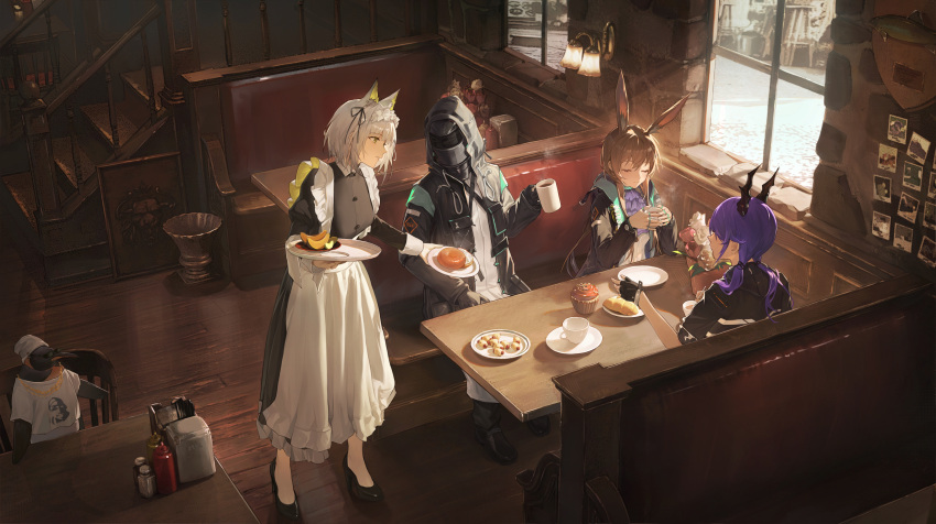 1other, 3girls, absurdres, ambiguous_gender, amiya_(arknights), animal_ear_fluff, animal_ears, apron