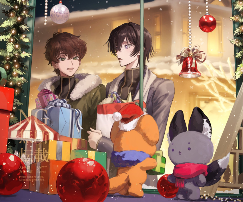 2boys, ashford_academy_school_uniform, bag, black_hair, brown_hair, christmas, coat, code_geass