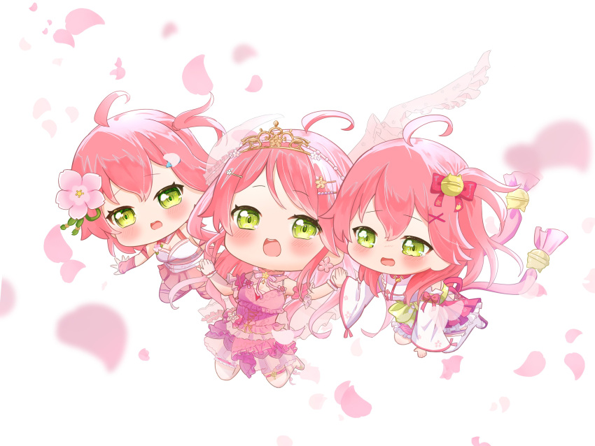 3girls, absurdres, ahoge, bell, blush, chibi, chibi_only, commentary_request